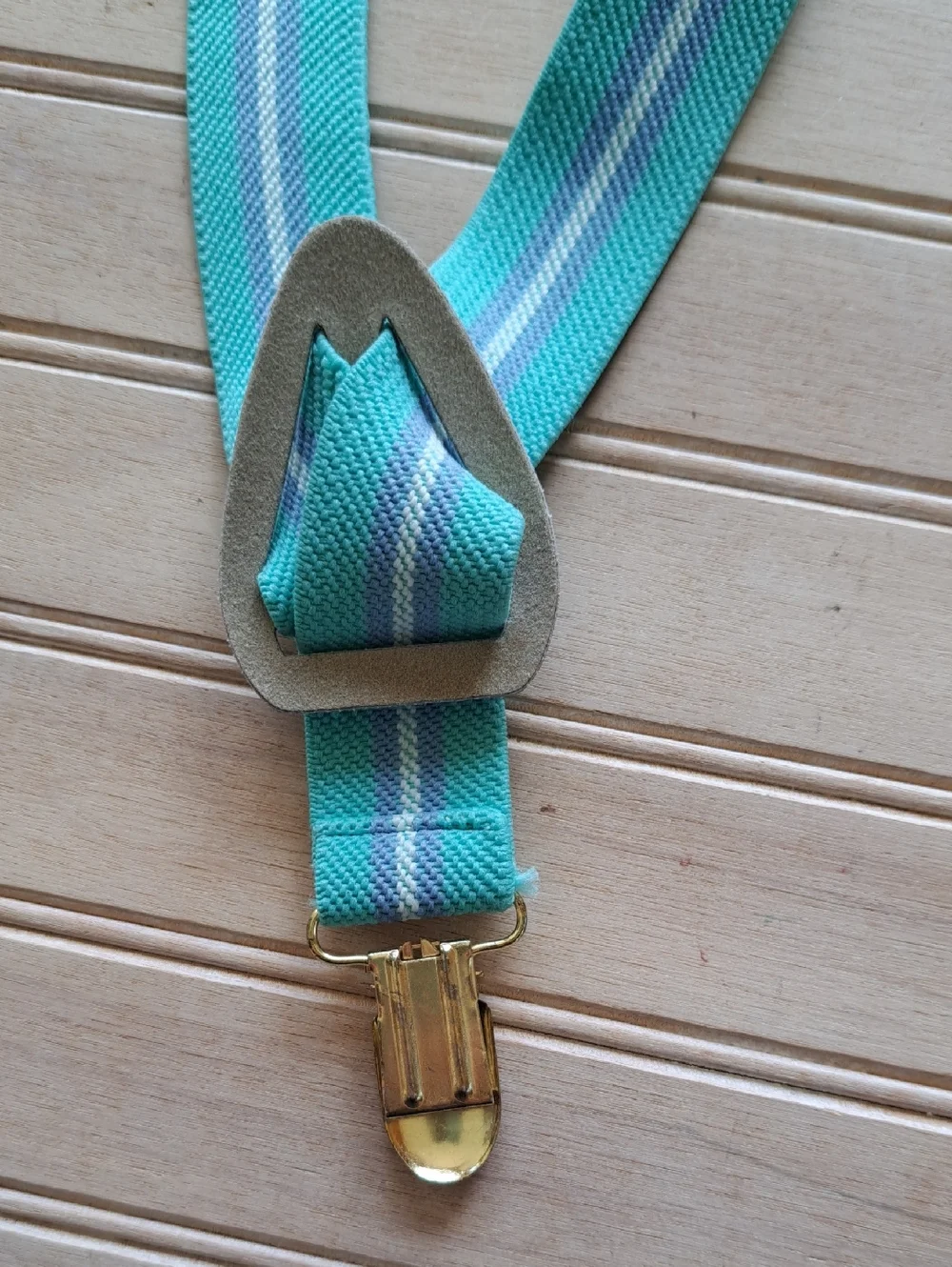 Vintage Infant Boy Elastic Suspenders Aqua Blue Striped Clip-On Braces Formal